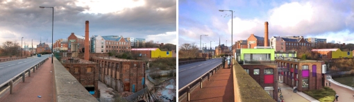 Current project in operation: Maynards Toffee Factory view from Glasshouse Bridge, before and after regeneration. Source: Paul J White, available at: http://www.flickr.com/photos/pauljw/4502542375/in/set-72157623681068575